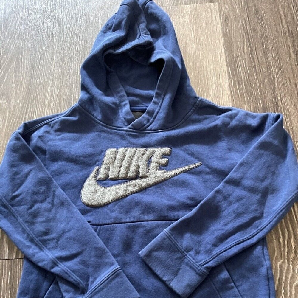 Vintage Nike Boy’s Blue Hooded Sweatshirt Gray Classic Logo Swoosh Sz Small